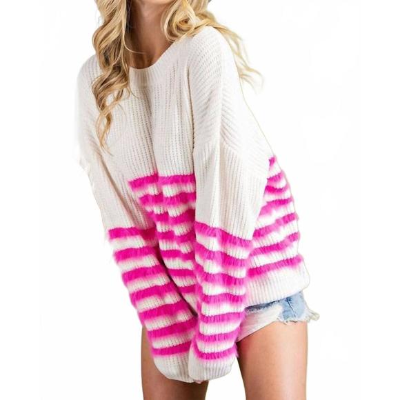 NEW EE:SOME fuzzy striped sweater in white and pink - Picture 3 of 4